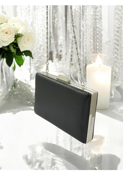 Siyah Kırışık Cilt Deri Metalik Renk Zincir Askılı Abiye Çanta Düğün Nişan Mezuniyet modelleri
