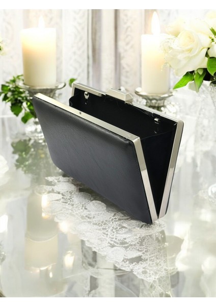 Siyah Kırışık Cilt Deri Metalik Renk Zincir Askılı Abiye Çanta Düğün Nişan Mezuniyet fırsatları