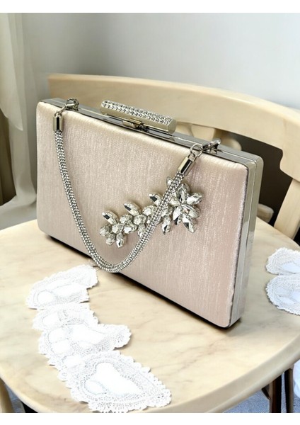 Ten Nude Taşlı Saplı Renk El Izi Yapmayan Simli Saten Kristal Taşlı Kadın Abiye Çanta Düğün Nişan modelleri