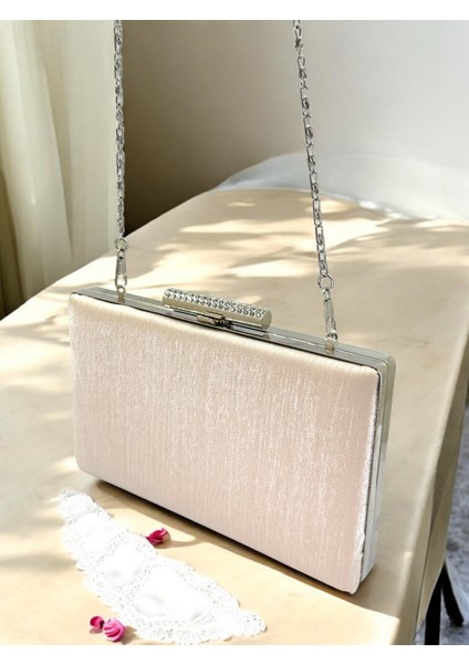 Ten Nude Taşlı Saplı Renk El Izi Yapmayan Simli Saten Kristal Taşlı Kadın Abiye Çanta Düğün Nişan