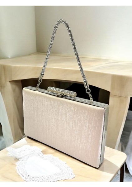 Ten Nude Taşlı Saplı Renk El Izi Yapmayan Çizgili Saten Kadın Abiye Çanta Düğün Nişan