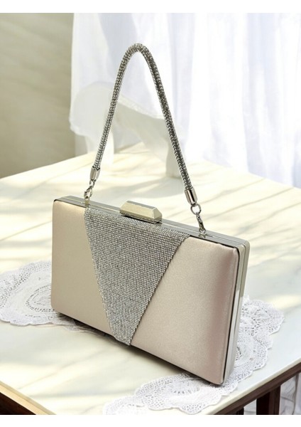 Ten Renk Saten Gümüş Renk Kristal Taşlı Saplı Kadın Abiye Çanta Düğün Mezuniyet Nişan