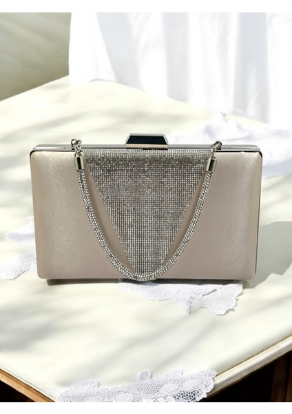 Ten Renk Saten Gümüş Renk Kristal Taşlı Saplı Kadın Abiye Çanta Düğün Mezuniyet Nişan fırsatları