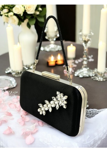 Siyah Renk Saten Taşlı Saplı Kadın Abiye Çanta Düğün Nişan Mezuniyet