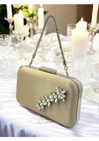 Nude Renk Saten Taşlı Saplı Kadın Abiye Çanta Düğün Nişan Mezuniyet