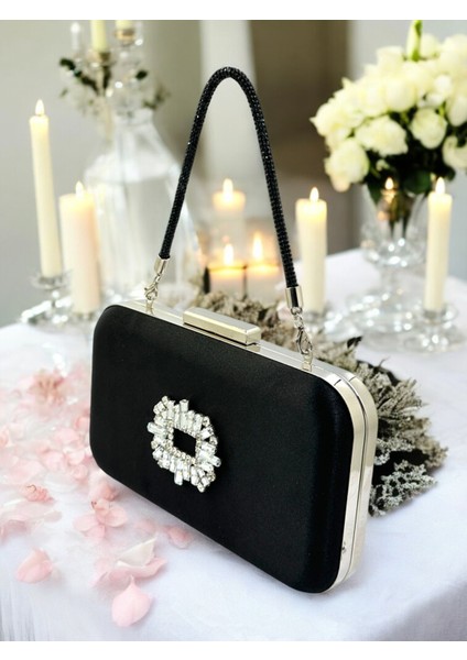 Siyah Renk Saten Taşlı Saplı Kadın Abiye Çanta Düğün Nişan Mezuniyet