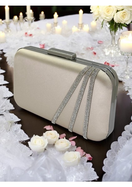 Ten Renk Saten Gümüş Taşlı Abiye Çanta Gece Çantası Nişan Düğün Çantası