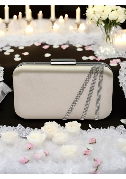 Ten Renk Saten Gümüş Taşlı Abiye Çanta Gece Çantası Nişan Düğün Çantası fiyatları