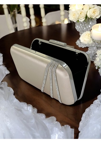 Ten Renk Saten Gümüş Taşlı Abiye Çanta Gece Çantası Nişan Düğün Çantası modelleri