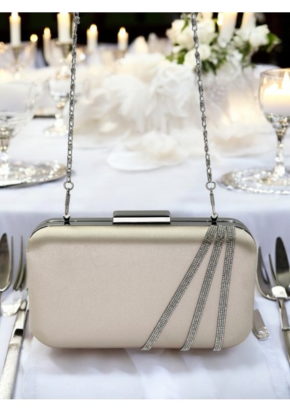 Ten Renk Saten Gümüş Taşlı Abiye Çanta Gece Çantası Nişan Düğün Çantası fırsatları