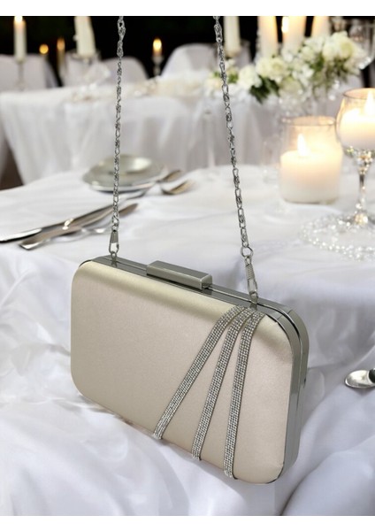 Ten Renk Saten Gümüş Taşlı Abiye Çanta Gece Çantası Nişan Düğün Çantası indirimleri