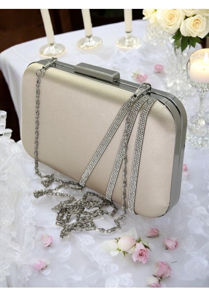 Ten Renk Saten Gümüş Taşlı Abiye Çanta Gece Çantası Nişan Düğün Çantası