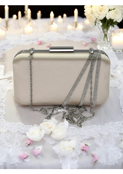 Ten Renk Saten Gümüş Taşlı Abiye Çanta Gece Çantası Nişan Düğün Çantası