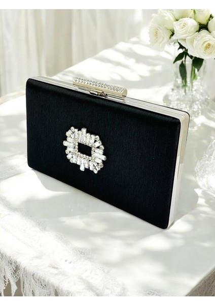 Siyah Renk El Izi Yapmayan Simli Saten Kristal Taşlı Kadın Abiye Çanta Düğün Nişan