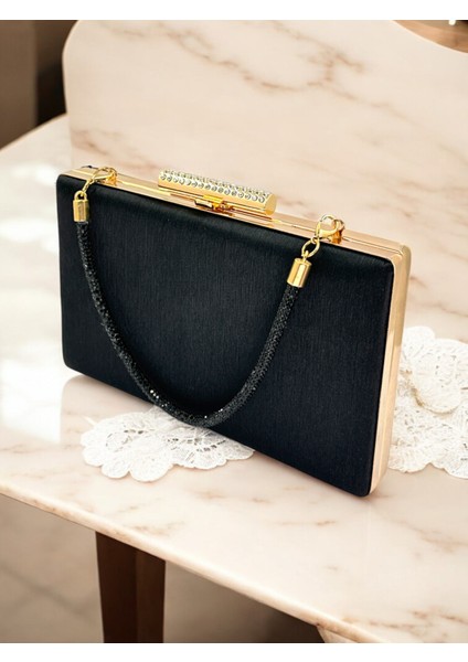 Siyah Taşlı Saplı Renk El Izi Yapmayan Simli Saten Kadın Abiye Çanta Düğün Nişan