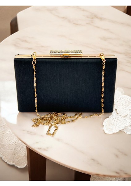 Siyah Taşlı Saplı Renk El Izi Yapmayan Simli Saten Kadın Abiye Çanta Düğün Nişan