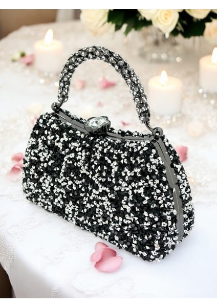 Özel Tasarım Iri Kristal Taşlı Siyah Gümüş Renk Kadın Abiye Çanta Düğün Nişan Mezuniyet