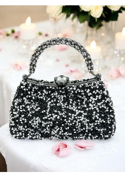 Özel Tasarım Iri Kristal Taşlı Siyah Gümüş Renk Kadın Abiye Çanta Düğün Nişan Mezuniyet fiyatları
