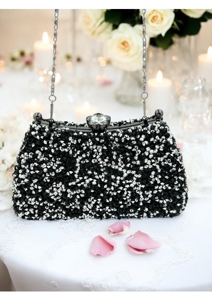 Özel Tasarım Iri Kristal Taşlı Siyah Gümüş Renk Kadın Abiye Çanta Düğün Nişan Mezuniyet fırsatları
