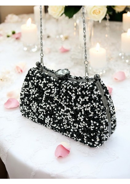 Özel Tasarım Iri Kristal Taşlı Siyah Gümüş Renk Kadın Abiye Çanta Düğün Nişan Mezuniyet indirimleri