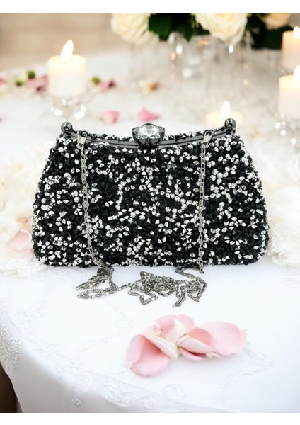 Özel Tasarım Iri Kristal Taşlı Siyah Gümüş Renk Kadın Abiye Çanta Düğün Nişan Mezuniyet