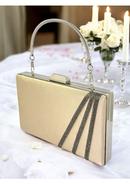 Nude Renk Saten Çapraz Platin Kristal Taşlı Kadın Abiye Çanta Düğün Nişan Mezuniyet