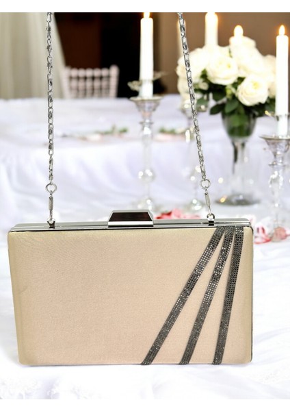 Nude Renk Saten Çapraz Platin Kristal Taşlı Kadın Abiye Çanta Düğün Nişan Mezuniyet fırsatları