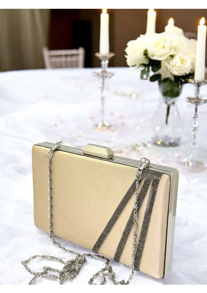 Nude Renk Saten Çapraz Platin Kristal Taşlı Kadın Abiye Çanta Düğün Nişan Mezuniyet