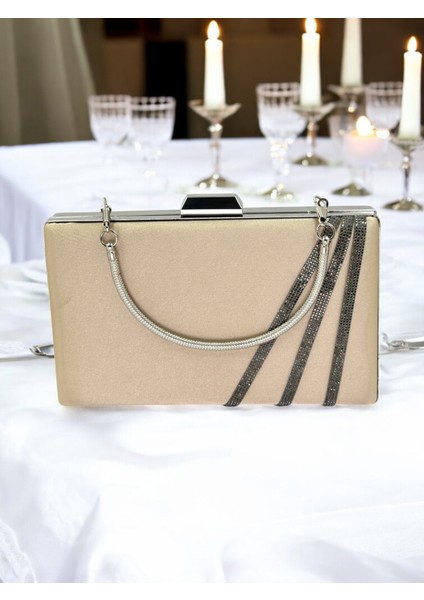 Nude Renk Saten Çapraz Platin Kristal Taşlı Kadın Abiye Çanta Düğün Nişan Mezuniyet
