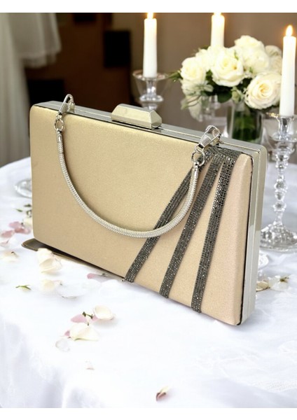 Nude Renk Saten Çapraz Platin Kristal Taşlı Kadın Abiye Çanta Düğün Nişan Mezuniyet