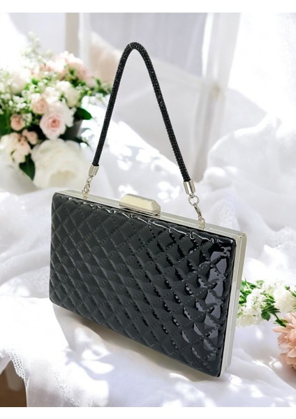 Siyah Lüks Rugan Kapitone Desenli Kadın Abye Çanta Düğün Nişan Mezuniyet