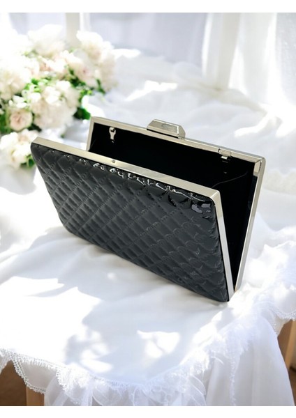 Siyah Lüks Rugan Kapitone Desenli Kadın Abye Çanta Düğün Nişan Mezuniyet modelleri