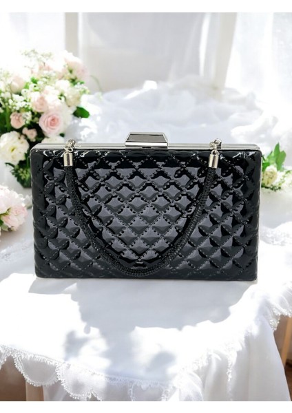 Siyah Lüks Rugan Kapitone Desenli Kadın Abye Çanta Düğün Nişan Mezuniyet