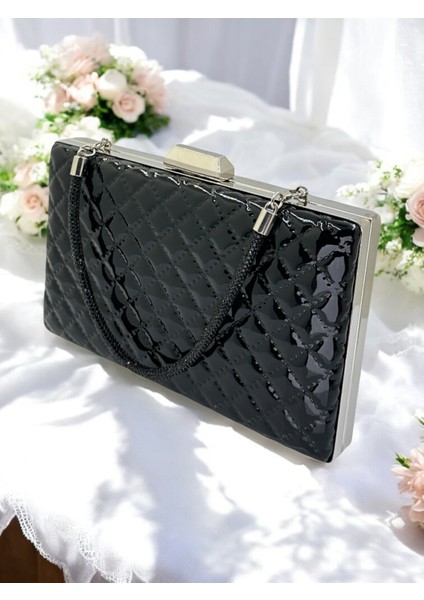 Siyah Lüks Rugan Kapitone Desenli Kadın Abye Çanta Düğün Nişan Mezuniyet