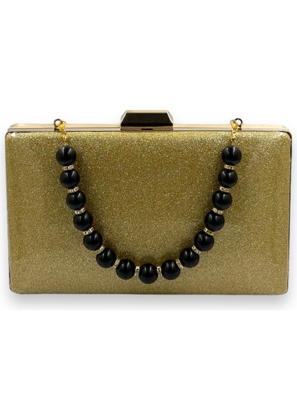 Altın Kumsim Üzeri Silikon Kaplamalı Inci Askılı Ithal Abiye Çanta Gece Çantası Düğün Nişan Kına