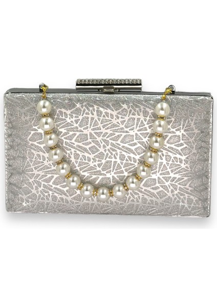 Gümüş Gri Lame Lazer Desenli Inci Saplı Incili Abiye Çanta Gece Çantası Düğün Nişan Nikah