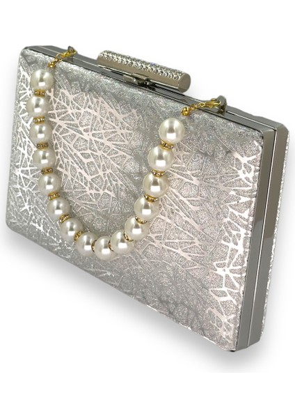 Gümüş Gri Lame Lazer Desenli Inci Saplı Incili Abiye Çanta Gece Çantası Düğün Nişan Nikah fiyatları