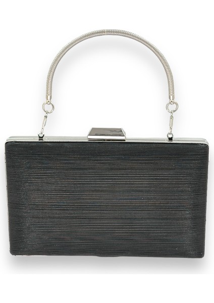 Siyah Renk Ithal Lazer Desenli Çizgili Metal Saplı Abiye Gece Çantası Nişan Düğün Davet Balo