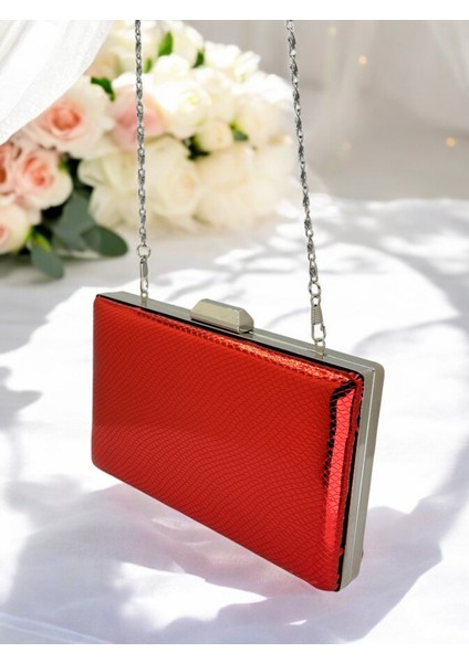 Kırmızı Renk Balıksırtı Desenli Parlak Rugan Deri Kadın Abiye Çanta Düğün Nişan indirimleri