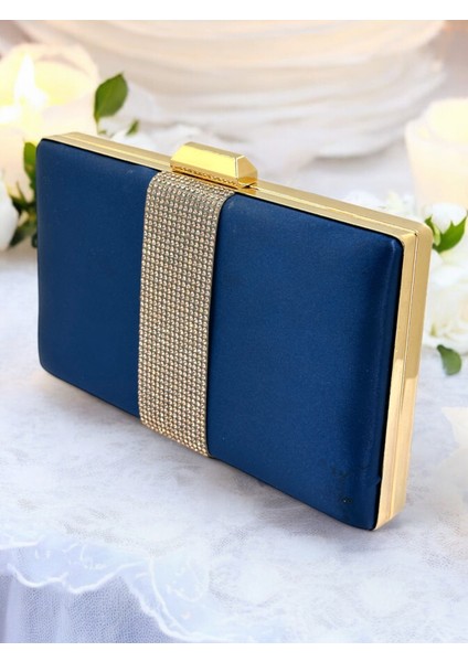 Lacivert Renk Saten Altın Taşlı Kadın Abiye Çanta Gece Çantası