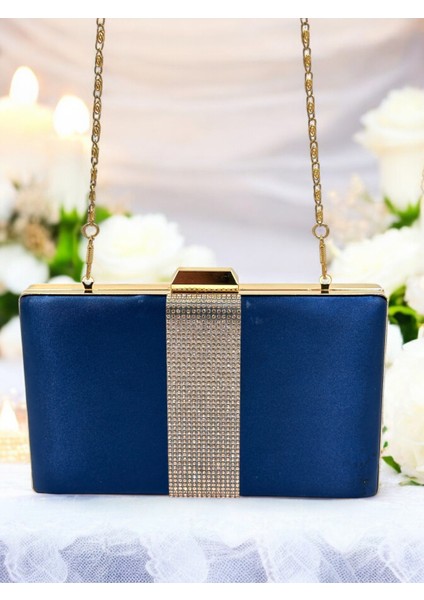 Lacivert Renk Saten Altın Taşlı Kadın Abiye Çanta Gece Çantası fırsatları