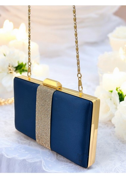 Lacivert Renk Saten Altın Taşlı Kadın Abiye Çanta Gece Çantası indirimleri