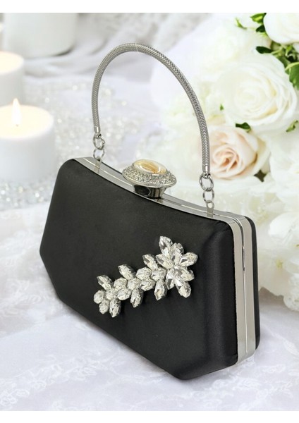 Siyah Renk Gümüş Kristal Taşlı Zarif Tasarım Metal Saplı Abiye Çantası