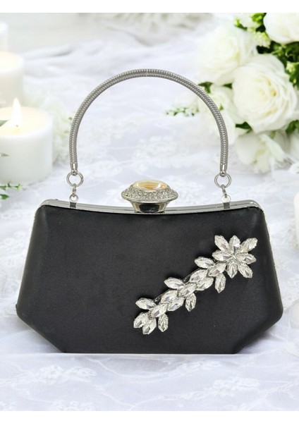 Siyah Renk Gümüş Kristal Taşlı Zarif Tasarım Metal Saplı Abiye Çantası fiyatları