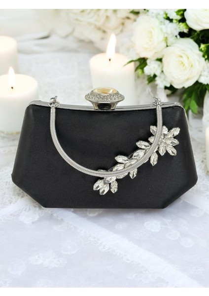 Siyah Renk Gümüş Kristal Taşlı Zarif Tasarım Metal Saplı Abiye Çantası modelleri