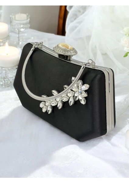 Siyah Renk Gümüş Kristal Taşlı Zarif Tasarım Metal Saplı Abiye Çantası fırsatları