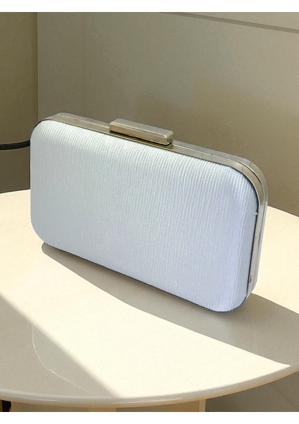 Gümüş Gri Lame Renk Suyolu Desenli Saten Kadın Abiye Çanta Düğün Nişan Mezuniyet