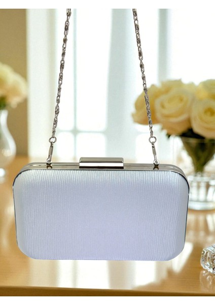 Gümüş Gri Lame Renk Suyolu Desenli Saten Kadın Abiye Çanta Düğün Nişan Mezuniyet fırsatları