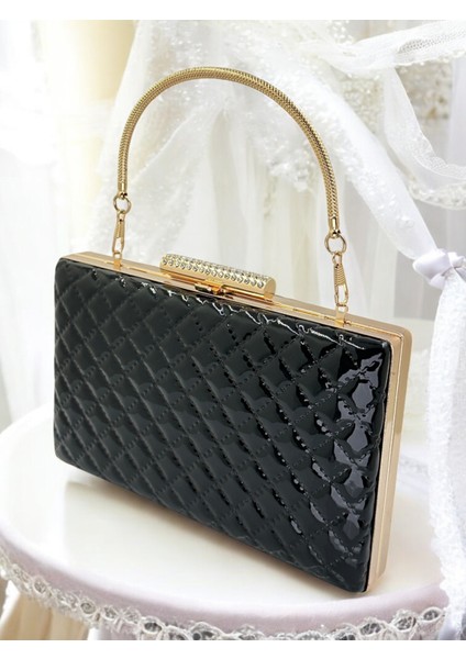 Siyah Lüks Rugan Metal Saplı Kapitone Desenli Kadın Abye Çanta Düğün Nişan Mezuniyet