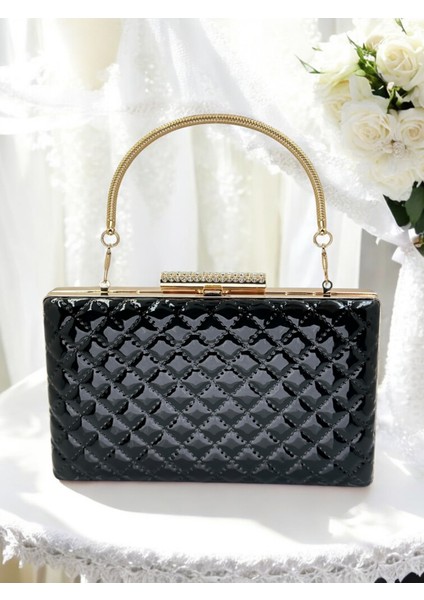 Siyah Lüks Rugan Metal Saplı Kapitone Desenli Kadın Abye Çanta Düğün Nişan Mezuniyet fiyatları